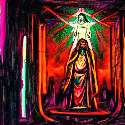 Prompt: a painting of neon jesus they prayed in the dark city, cyberpunk, wideangle camera