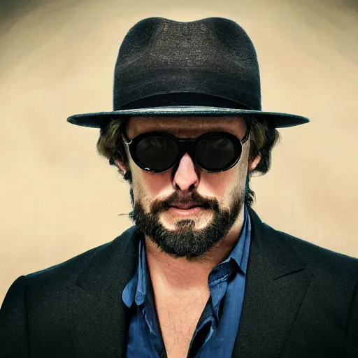 Prompt: film still, extreme long shot, of an enigmatic mysterious man, making the best smug smile, face unseen by wearing a luxury designer fedora and chopard sunglasses, expensive outfit, elegant, casual, intricate, symmetrical, realistic, possessed by a demon, rich moody colors, by annie leibovitz, nikon d 8 5 0 camera, photoshopped