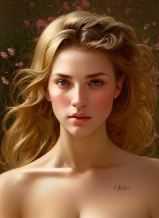 Image similar to face of feminine perfection!! concept art portrait of young wife blessed by god to uncontrollably become overwhelmingly perfect, blonde, symmetrical! intricate, sensual features, highly detailed, biblical!! holy perfection!! digital painting, artstation, smooth, sharp focus, illustration, art by artgerm and greg rutkowski and alphonse mucha