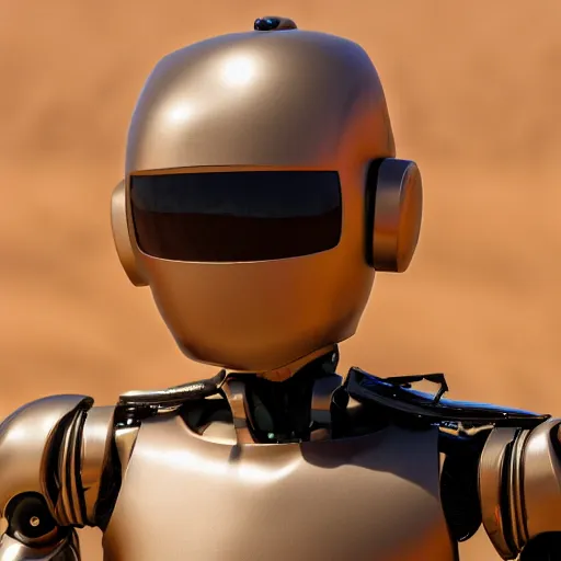 Prompt: realistic humanoid robot, close up, desert background, shot by denis villeneuve