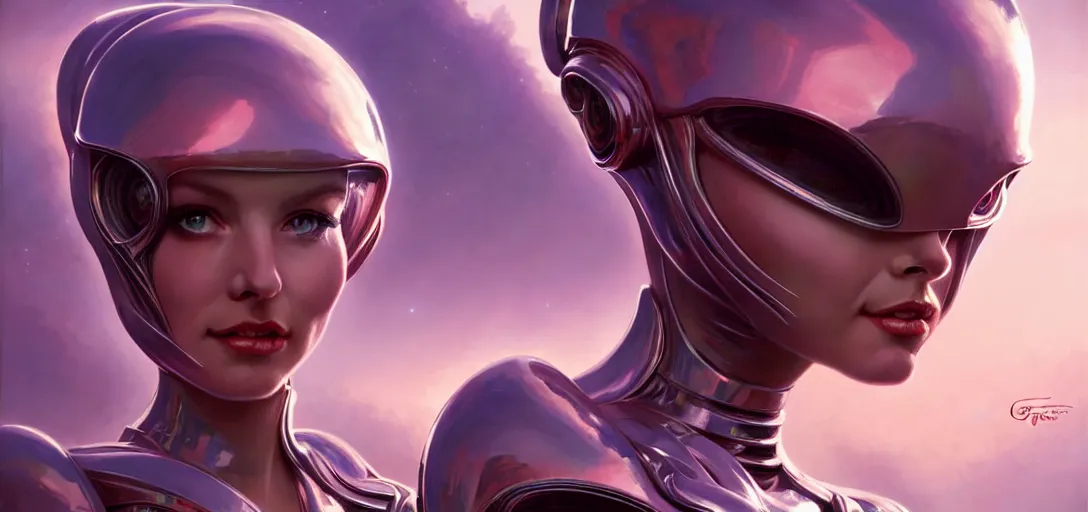 Image similar to face of a cute alien girl wearing shiny plastic armor in the style of roger dean and alberto vargas and stefan kostic, realistic, sharp focus, 8 k high definition, insanely detailed, intricate, elegant, art by greg rutkowski and artgerm, extreme blur coral reef background