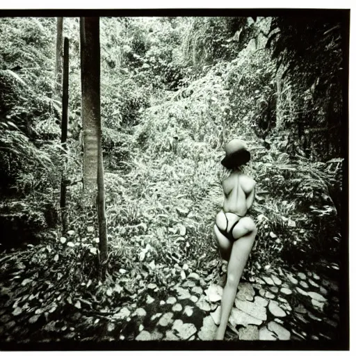 Image similar to photograph of a female model wearing camouflage by yohji yamaoto in a dense and misty jungle in the style of daido moriyama, camera obscura, 3 5 mm photography