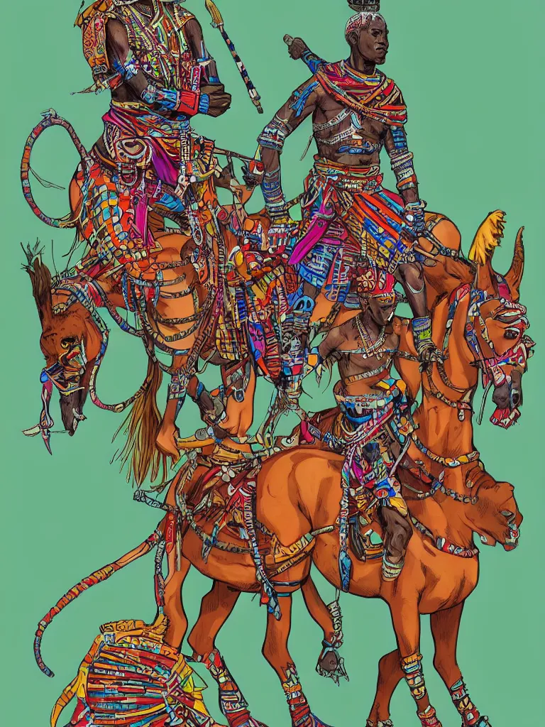 Prompt: full body portrait of african maasai warrior riding a fantasy long neck quadruped with tribal decorations and tattoos by moebius, clean line, colorful comics style, artstation