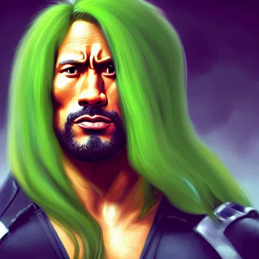 Prompt: portrait of dwayne johnson, long curly green hair, expressive pose, futuristic, highly detailed, digital painting, artstation, concept art, smooth, sharp focus