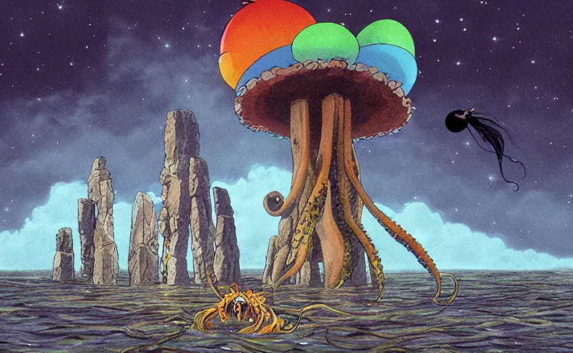 Image similar to a realistic cell - shaded studio ghibli concept art from paprika ( 2 0 0 6 ) of a flying multi - colored octopus from close encounters of the third kind ( 1 9 7 7 ) and a grey long - haired witch in a flooded stonehenge on a misty starry night. very dull colors, wide shot, hd, 4 k, hq