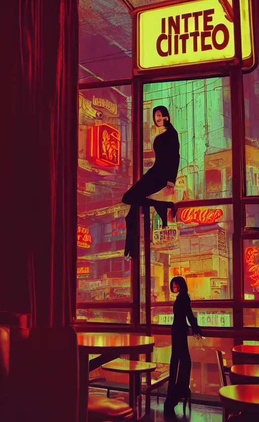 Prompt: vertical movie frame portrait of girl in 6 0's retro restaurant interior, neon - decorated urban on night in the city seen through the window, modern interior design, architectural design, vintage, night blade runner, dark, postapocalyptic, clean lines, 4 k, octane, asian futuristic city at distance, big windows, octane, wide angle