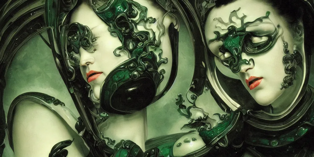 Image similar to a dark baroque close - up portrait of a deep green and white porcelain being made out of white sci - fi vitrified translucent ceramic marble ; china. reflective detailed textures. gloomy black background. highly detailed fantasy science fiction painting by moebius, norman rockwell, frank frazetta, and syd mead. rich colors, high contrast. artstation