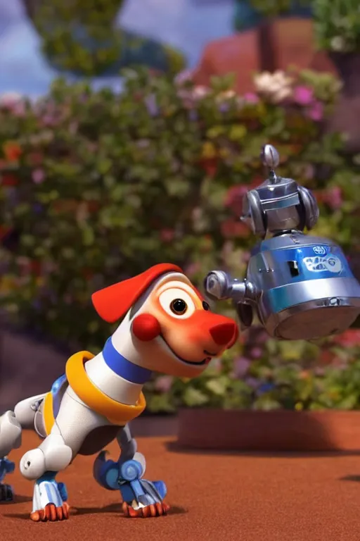 Image similar to Robot dog tries to bite its own tail. Pixar Disney render 3d animation movie Oscar winning