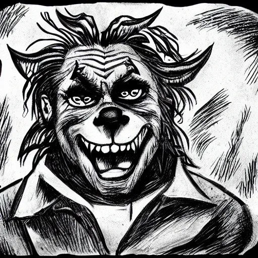 Image similar to a Pop Wonder scary horror themed goofy-hilarious-character Beethoven-werewolf-vampire, dime-store-comic drawn with charcoal and pen and ink, half-tone-line-stacking