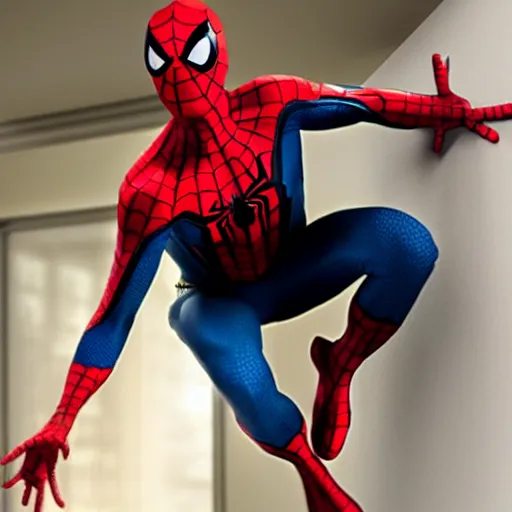 Image similar to Spider-man sticking criminal to the ceiling with realistic webbing.