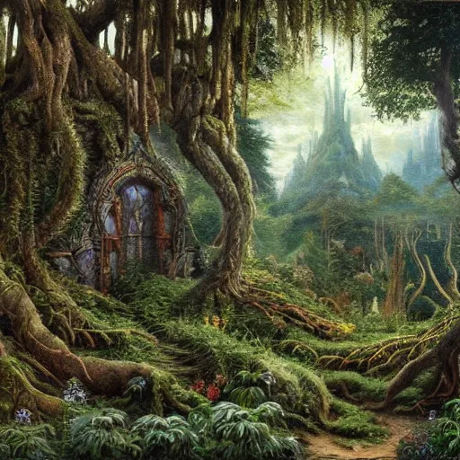 Image similar to a beautiful and highly detailed oil painting of an overgrown elven forest temple in the misty mountains, detailed plants and trees and flowers, intricate details, epic scale, insanely complex, 8 k, sharp focus, hyperrealism, fantasy landscape, psychedelic, by caspar friedrich and james gurney,