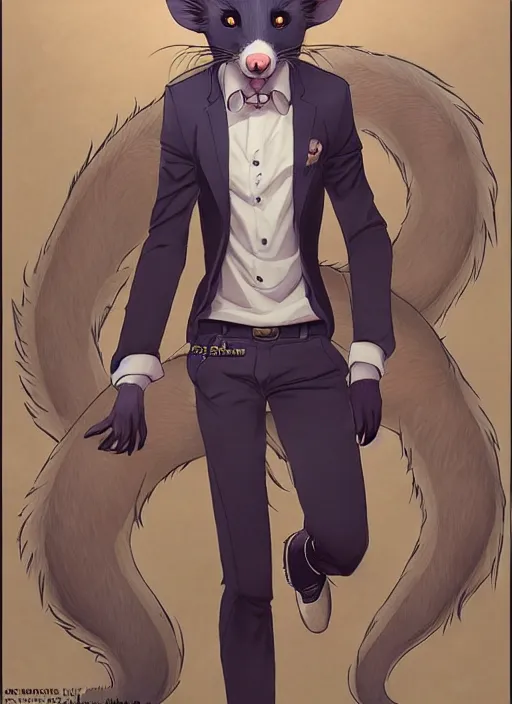 Image similar to character portrait of a male anthro opossum fursona with a tail and a cute beautiful attractive detailed furry face wearing a dress shirt and slacks outside a city tattoo parlor. Character design by charlie bowater, ross tran, artgerm, and makoto shinkai, detailed, inked, western comic book art