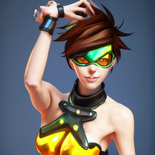 Image similar to full body digital artwork of tracer overwatch, wearing black iridescent rainbow latex tank top, 4 k, expressive happy smug expression, makeup, in style of mark arian, wearing detailed black leather collar, chains, black leather harness, detailed face and eyes,