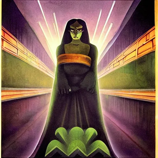 Image similar to the shaman of the subway, an art deco painting by leo and diane dillon and diego rivera, dramatic lighting, god rays, smooth, sharp focus, highly detailed