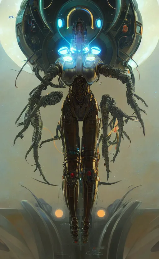 Image similar to cyborg insect deity, sci-fi, highly detailed, digital painting, artstation, concept art, smooth, sharp focus, illustration, art by artgerm and greg rutkowski and alphonse mucha