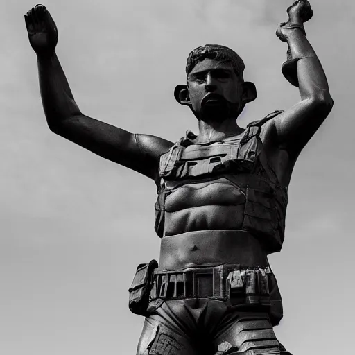 Image similar to the special forces pointing at a peanut statue, security camera, black and white, detailed, realistic, 4k, megalofobia