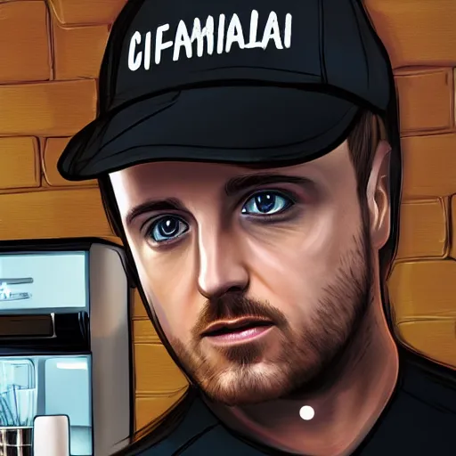 Prompt: Hyperrealistic ultradetailed digital art of Jesse Pinkman working at a coffee shop, realistic, detailed lighting, cinematic, trending on artstation and 500px and behance