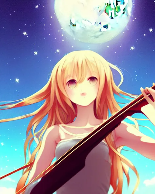 Image similar to teen, cute, melancholy, full body, cat girl, white skin, golden long wavy hair, holding a violin and playing a song, stunning art style, filters applied, lunar time, night sky, trending art, sharp focus, centered, landscape shot, fate zero, simple background, studio ghibly makoto shinkai yuji yamaguchi, by wlop