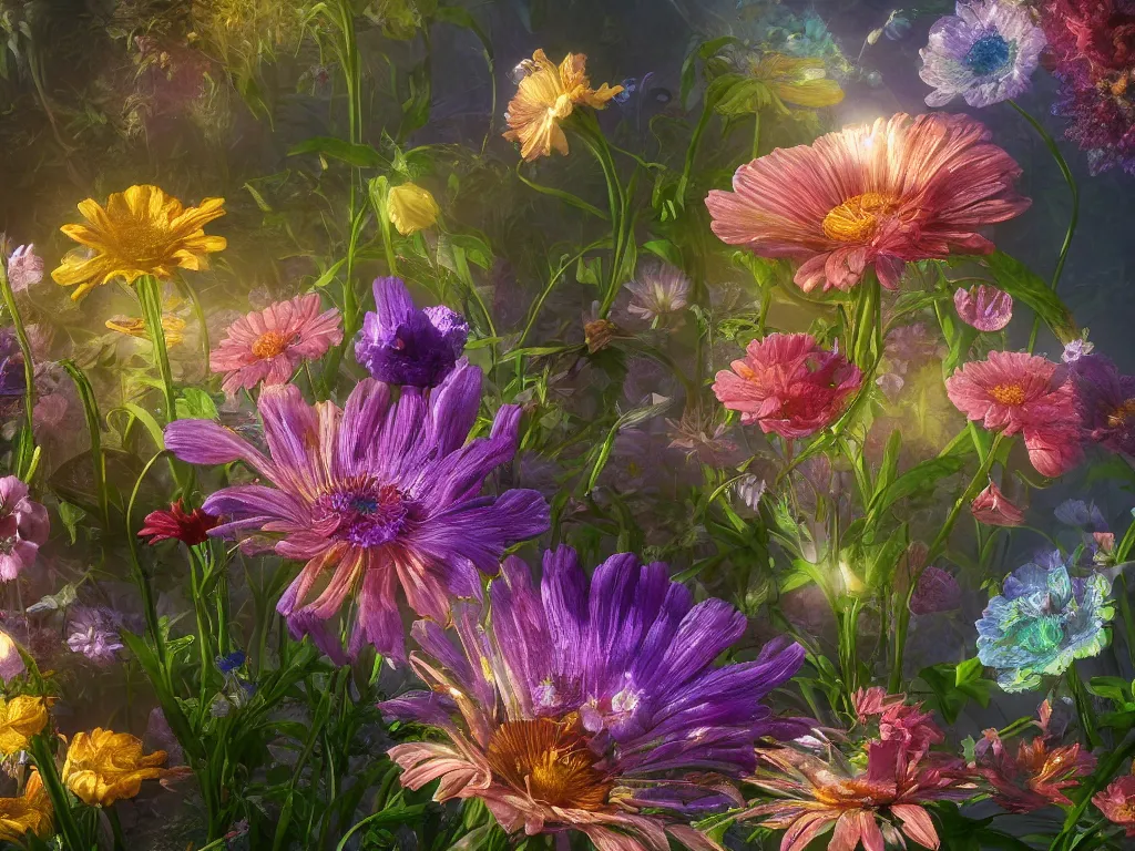 Image similar to 3d render of iridescent wildflowers, Sunlight Study, by Rachel Ruysch and Jan Davidsz de Heem and (((((Lisa Frank))))), Art Nouveau, 8k, extreme detail, sharp focus, octane render