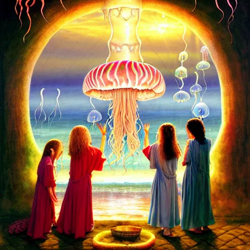 Image similar to A painting of priestesses worshipping at the jellyfish temple, shrouded in mist, jellyfish god, jellyfish priestess, jellyfish shrine maiden, 8K, illustration, art by Lilia Alvarado, Sophie Anderson, Mark Arian, Bob Byerley, Charlie Bowater, Mark Brooks, Steve Henderson, Justin Gerard, Arthur Hughes, Edward Robert Hughes, Mark Keathley, Victor Nizovtsev, Carlos Shwabe, Ross Tran, WLOP, smoke, undersea temple with fish, cinematic, insanely detailed and intricate, hypermaximalist, elegant, super detailed, award-winning, magenta and crimson and cyan, rainbow accents, iridescence, bioluminescence, mysterious, ancient, ritual, trending in cgsociety, artstation HQ, ornate, elite, haunting, matte painting, beautiful detailed, insanely intricate details, dreamy and ethereal, otherworldly