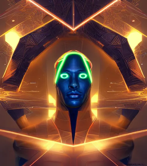 Image similar to symmetry!! egyptian prince of technology, solid cube of light, hard edges, product render retro - futuristic poster scifi, lasers and neon circuits, brown skin man egyptian prince, intricate, elegant, highly detailed, digital painting, artstation, concept art, smooth, sharp focus, illustration, dreamlike, art by artgerm