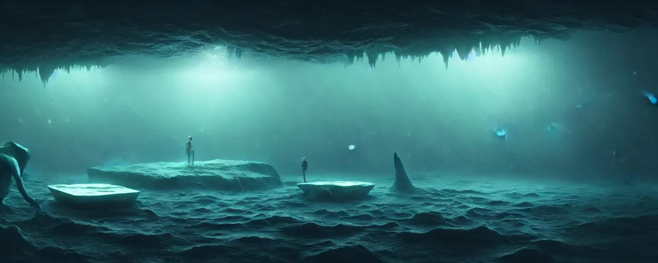 Image similar to ultra realistic horror photo of a dimly lit alien underwater landscape, very intricate details, focus, full frame image, high contrast, cgi render, artwork by tooth wu and wlop and beeple and greg rutkowski, award winning