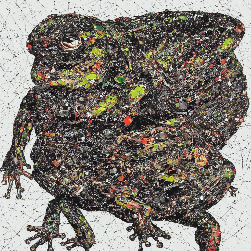 Image similar to toad head, toads, mechanical, technical, abstract, acrylic, oil, circuit board, computers, vektroid album cover, vectors, drips, dimensions, breakcore, leaks, glitches, frogs, amphibians, geometry, data, datamosh, motherboard, code, y 2 k, painting, dark, old web, cyber