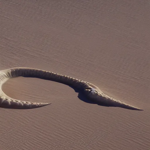 Image similar to a giant squid octopus chimea hanging from the clouds over a desert with beautiful dunes, still from the movie the arrival, 8k