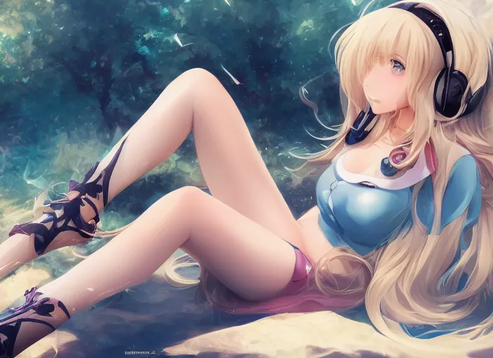 Image similar to full body shot : a very beautiful young anime girl sitting with bunny headphones, extremely long wavy long blond hair, sky blue eyes, full round face,, bikini, miniskirt, highly detailed, cinematic wallpaper by stanley artgerm lau
