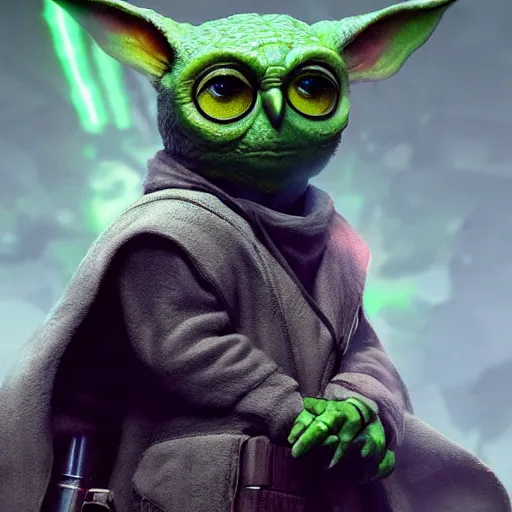 Image similar to a green owl with yoda ears greg rutkowski and jason chan highly detailed cinematic lighting octane render unreal engine