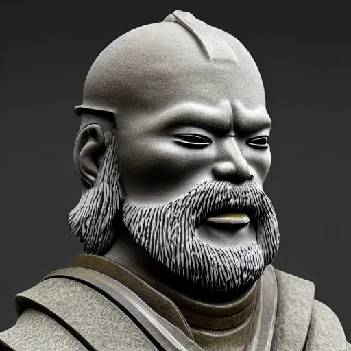 Image similar to japanese samurai stone sculpture, highly detailed, photorealistic portrait, bright studio setting, studio lighting, crisp quality and light reflections, unreal engine 5 quality render