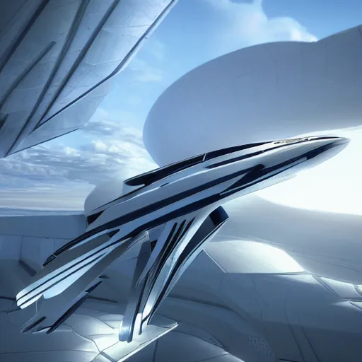 Image similar to Zaha Hadid fly in the sky in his fantasy world design by Zaha unreal engine vray