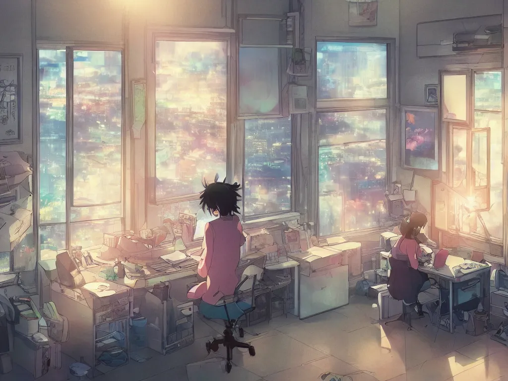 Prompt: beautiful illustration of one female in her small studio apartment sitting at her computer desk which is in front of a window which looks out to a futuristic city at night, japan, anime manga style, aesthetic, scene from the movie'your name'makoto shinkai