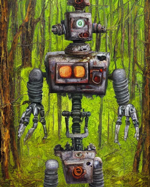 Image similar to detailed oil painting of a decayed, rusty, robot, covered in moss, in a forest, painted by Greg Rukowtski, sunlight