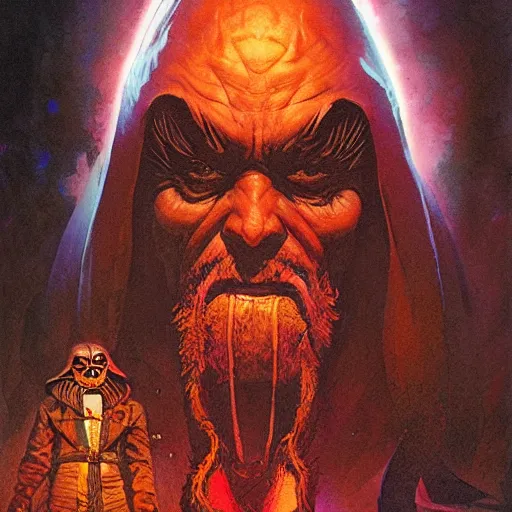 Image similar to portrait of angry evil obe wan kenobe as a dark sith, overwhelming energy, detailed background by m. w. kaluta + bruce pennington, dark side, volumetric lighting, colorful vapor, deep dark color, floating molecules, digital painting, oil painting, artwork by ralph mcquarrie + cory loftis + andreas rocha + paul lehr + ian mcque + eddie mendoza