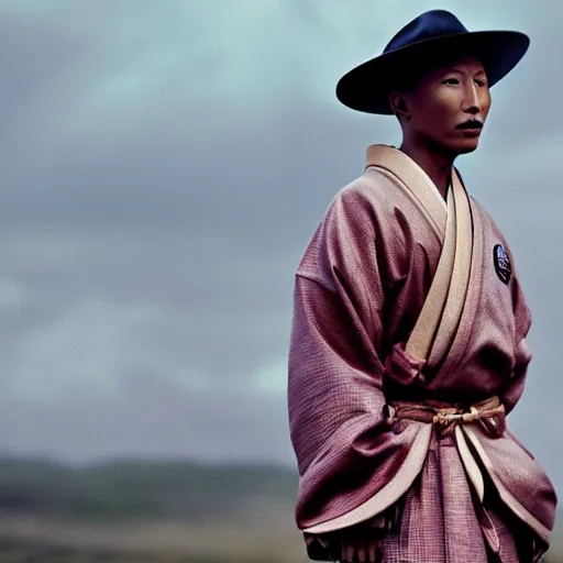 Image similar to cinematic film still Pharrell Williams starring as a Samurai holding fire, Japanese CGI, VFX, 2003, 40mm lens, shallow depth of field,film photography