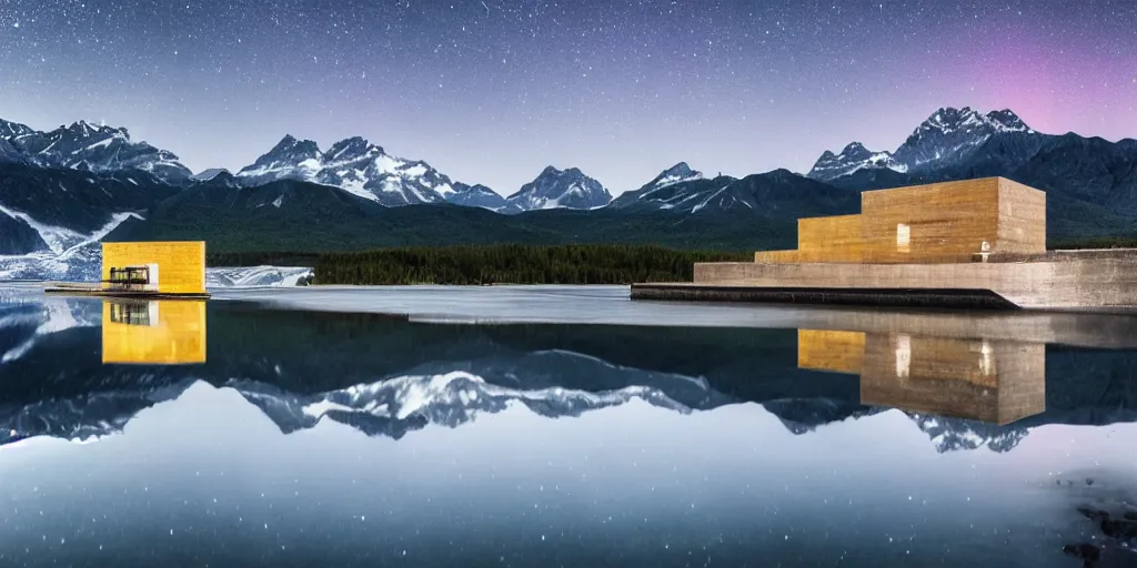 Image similar to Le Corbusier architecture next to Alaskan Lake, night time stars, northern lights, reflections, award winning photography