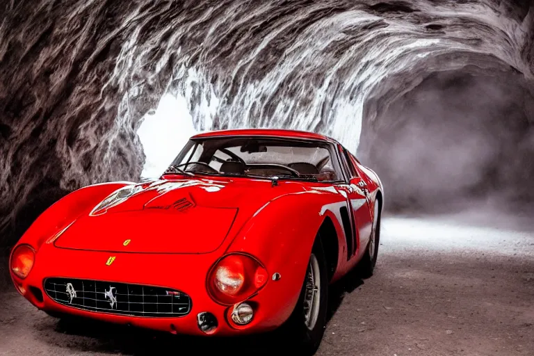 Image similar to cinematography of Ferrari 250 GTO series 2 in a glacier cave by Emmanuel Lubezki