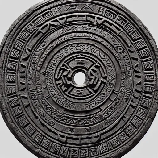 Prompt: a decorative Aztec stone panel depicting aztec gods using a stargate. Aztec artifact by Pacal Votan. 4K high quality museum collection photograph