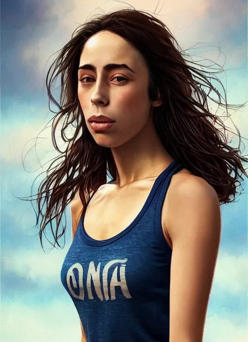 Image similar to full length photo of a suffering Oona Chaplin in a tanktop in the style of stefan kostic, not realistic, sharp focus, 8k high definition, insanely detailed, intricate, elegant, art by stanley lau and artgerm