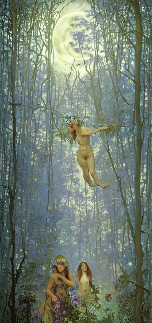 Prompt: painterly dreamy Kupala Night in the blue forest with trees which have eyes, giant flowers, glowing owls, deers, women, lianas, thistles, giant fantasy creatures, a stream and sky with moon and stars by Alphonse Mucha, Alex Grey, Aron Wiesenfeld and Giger dark fantasy, witcher, very detailed oil painting in the alla prima style, masterpiece, 8k