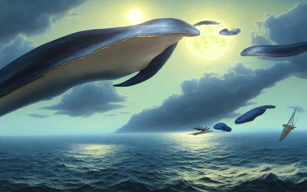 Prompt: realistic render of flying blue whales towards the moon, intricate, toy, sci - fi, extremely detailed, digital painting, sculpted in zbrush, artstation, concept art, smooth, sharp focus, illustration, chiaroscuro lighting, golden ratio, incredible art by artgerm and greg rutkowski and alphonse mucha and simon stalenhag