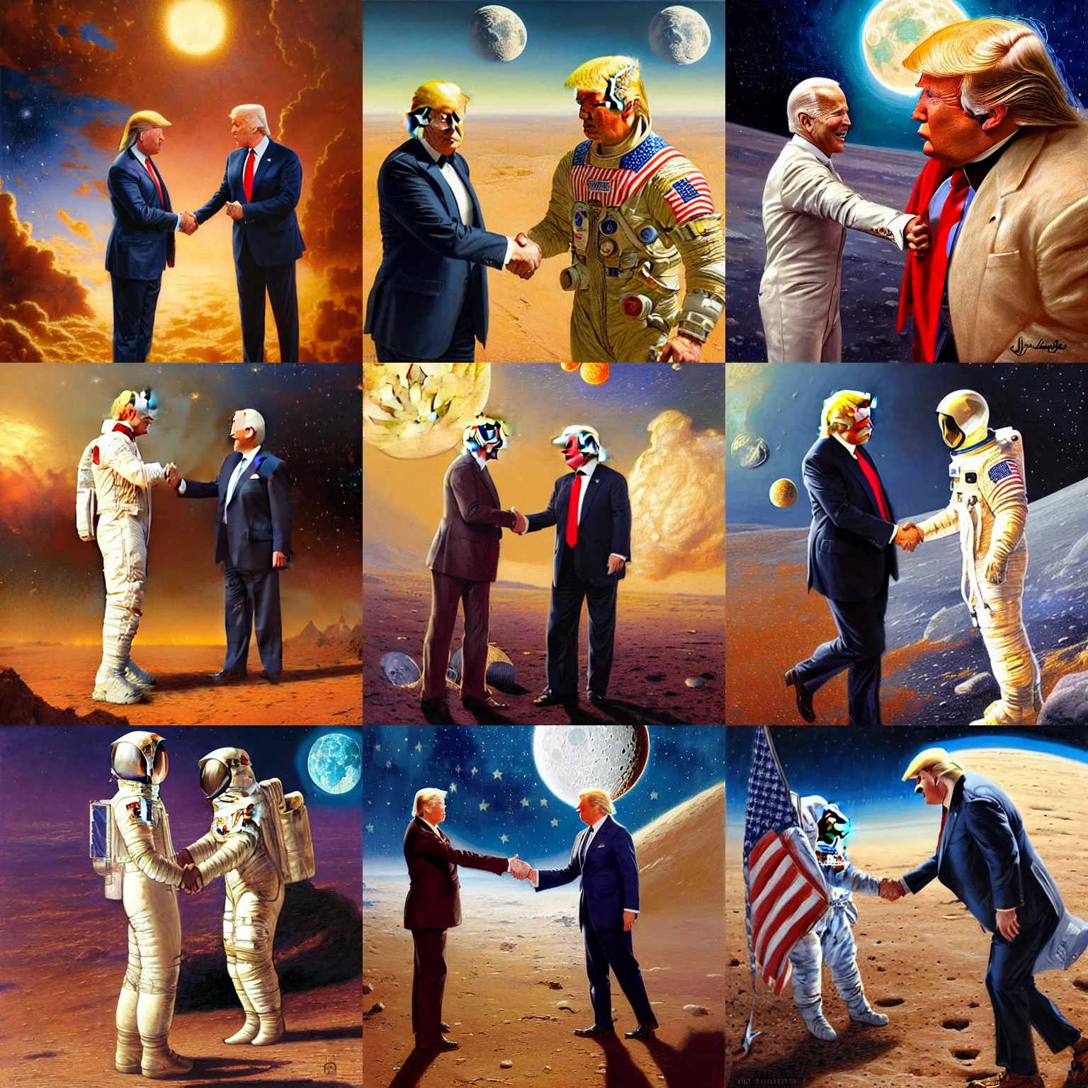 Prompt: hyperrealistic cinematic portrait donald trump shaking hands with hyperrealistic cinematic portrait joe biden on the moon, highly detailed painting by gaston bussiere, craig mullins, j. c. leyendecker 8 k