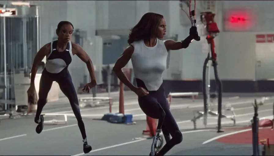 Image similar to Film Noir, Inherent Vice, Collateral, Olivia Pope, Olympics footage, female Sprinter athletes on track at high speed with mechanical limbs, intense moment, cinematic stillframe, dramatic lighting, The fifth element, vintage robotics, formula 1 garage, starring Geena Davis by Michael Mann