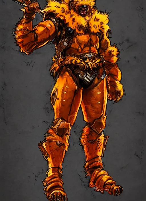 Prompt: Full body portrait of tall gnoll in golden armour and orange fur. In style of Yoji Shinkawa and Hyung-tae Kim, trending on ArtStation, dark fantasy, great composition, concept art, highly detailed, dynamic pose.