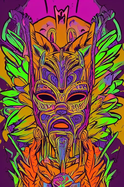 Image similar to animal mask totem roots flower tribal feather gemstone plant wood rock shaman vodoo video game vector cutout illustration vivid multicolor borderlands comics by josan gonzales and dan mumford radiating a glowing aura