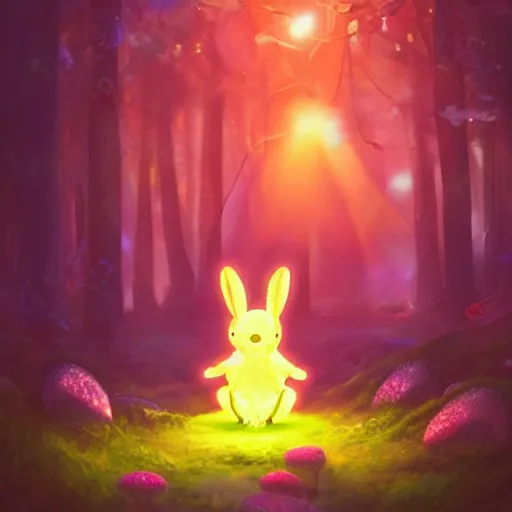 Prompt: a glowing luminous bunny surrounded by luminous pink orange yellow flowers and mushrooms in an enchanted forest trending on artstation hdr instagram photo fantasy art