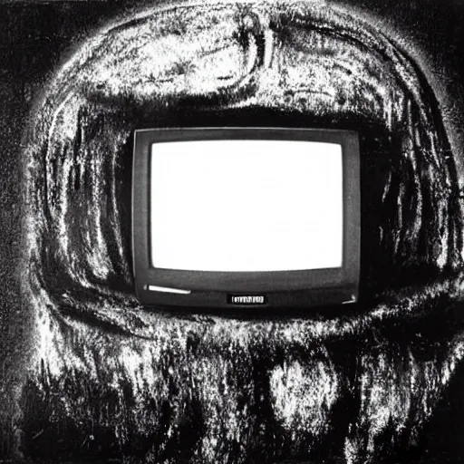 Image similar to creature made of black goo with a television as a head, grainy photo