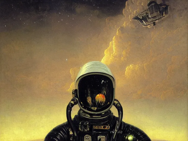 Image similar to a detailed profile oil painting of a soldier in a spacesuit with reflective helmet, advanced technology flight suit, portrait symmetrical and science fiction theme with aurora lighting clouds and stars by beksinski carl spitzweg and tuomas korpi. baroque elements, full-length view. baroque element. intricate artwork by caravaggio. Trending on artstation. 8k