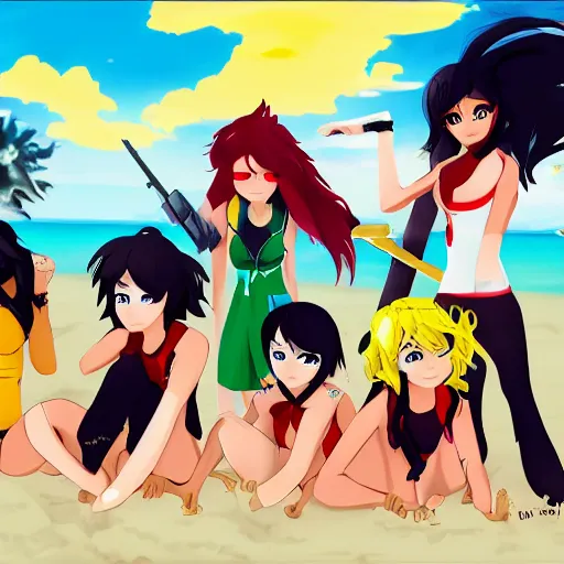 Image similar to Team RWBY at the beach, in the style of RWBY, sunny day,